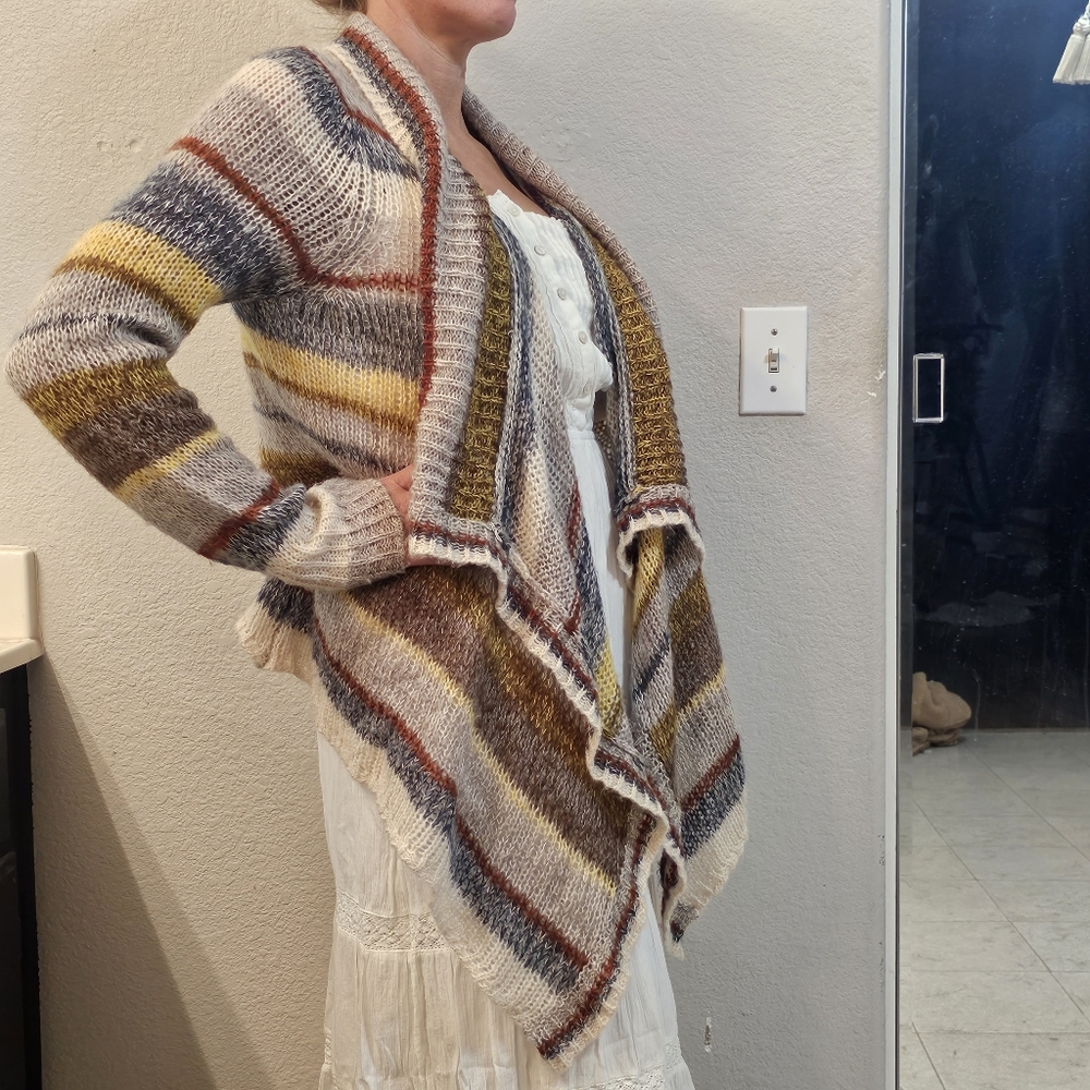 Women's Cute Brown Tan Striped Knitted Cardigan Shawl Large Glimmer  J.J. Basics